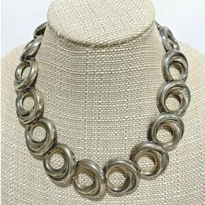 Mod Chunky Silver Chain Choker Necklace Classic 1980s Textured Loops Jewelry